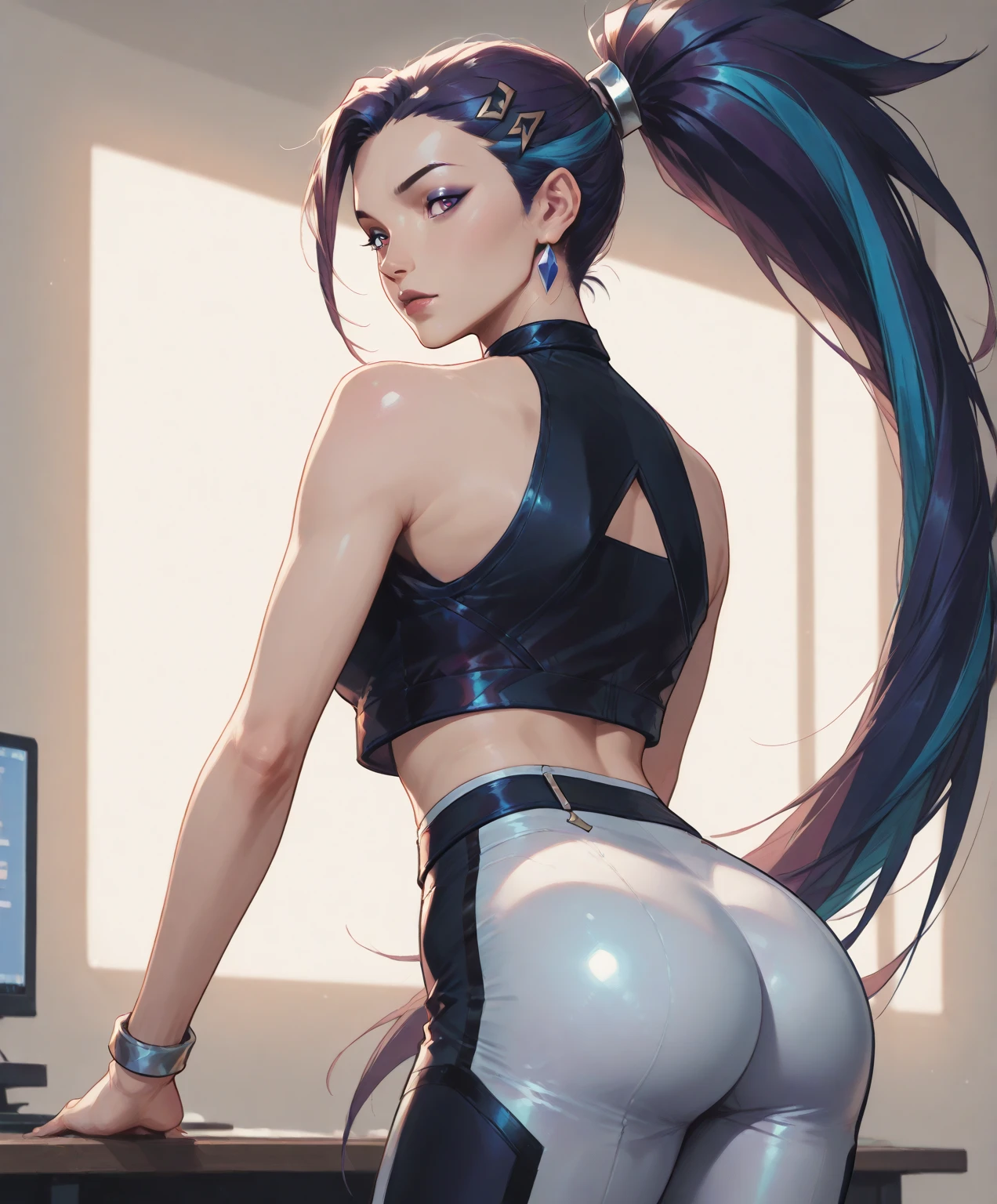 mature girl, sports figure, wide hips, long waist, stands with his back to the camera, realistically, blue hair, Naked, 4K