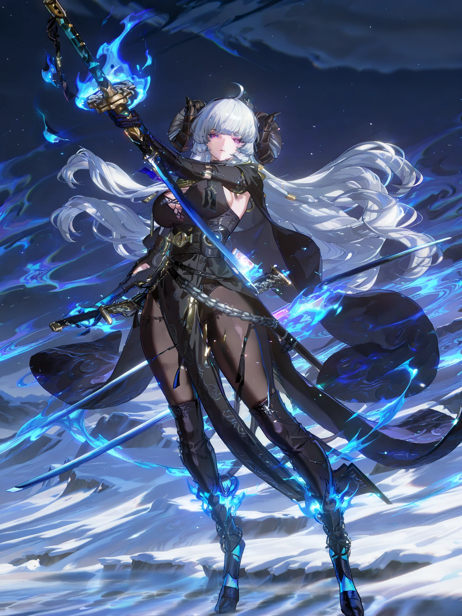 woman, sheep anthromorph, ram beast, white and black coat of cotton, blue talisman on her ram horns, snowy mountain, large breasts, fullbody, slean model body, long model legs, long black cape, cute pelvic curtain dress, chain belt on her waist, big wolf tail, holding a huge katana, black dress with waves patterns, black horns Magic blue flames on her horns, tail and sword, bluish purple eyes, talismans in blue flames around her, black ans white long hair, horns made of fire, tail made of fire