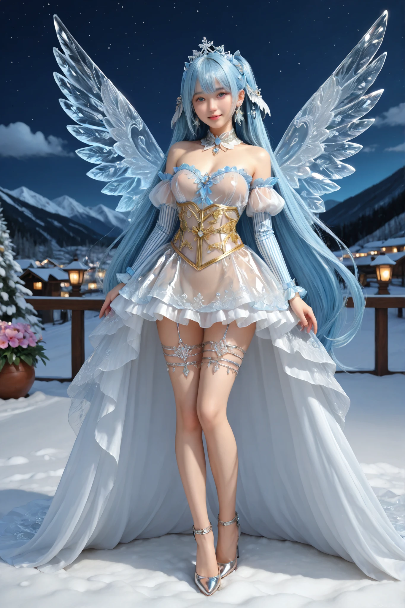 change, Leprechaun, Gray Hair: length, blue eyes, Small breasts, Best, garter, hair accessory, Captivating smile, sight, Tilt your head, Behind the arm, (slim), (Thin legs: Leg spread), Attention to detail, Highest quality, masterpiece, Detailed ice, Cumulonimbus, Beautiful details shine, ice crystal texture wings
