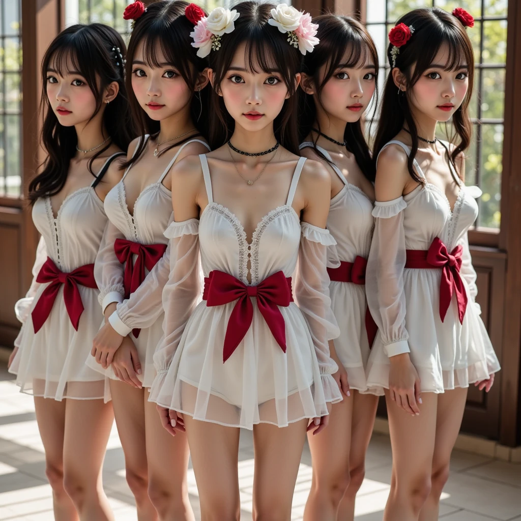 Put your arms behind your head、(Sexy pose with hands behind head:1.5)、(Show me your armpit hair:1.2)、Armpits、,Dark black armpit hair、Dark black pubic hair(Blonde and black haired twin women), (Two naked twin women)、(Hands behind the back:1.2)、(Lift your chest with your hands:1.3)(Chest opening pose:1.2)2 bodies、Two heads、(Two smiling women, Gazing at lovers)(A smile showing white teeth:1.3)(Sweaty body:1.3)Heavy chest、Very beautiful and perfect nipples、With a beautiful baby face((Fuller lips))、Thick thighs、Realistic Skin、Pale skin、Impure Skin、Perfect Anatomy、Four fingers and thumb、Very detailed background、(unity 8k wallpaper)、Hair flowing from shoulders to chest、Silky blonde hair、Straight long hair、hair accessory、Beautifully trimmed thick bangs、(((SFW, 12 little girls appear in a row:1.2, Shibuya building rooftop at night :1.2))), (masterpiece:1.2, Highest quality, Realistic:1.37), {(Standing full body:1.2)|(From below:1.2)}、(A KAWAII face with attention to detail、Exquisite oil-based porcelain skin)、{Busy Street|(A female student passing by)|, {(Childish:1.2|、Red leather high collar}、,Very detailed,Sexy lingerie with black and luxurious decoration、crotchless pantyhose、A sexy black dress made of sheer tulle、red sexy dress、Black Stockings、High heels、Choker on neck、