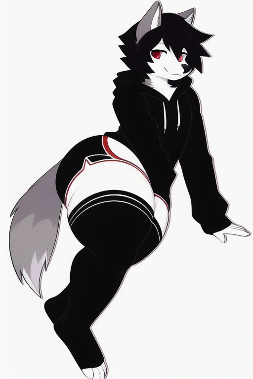 1boy, toned, sharp big wolf ears, wolf tail, big black messy hair, wide extremely vibrant red eyes, HD, masterpiece, vibrant, black converse shoes, slim dark black hoodie, full body view, neutral face, black thigh socks, big buttocks