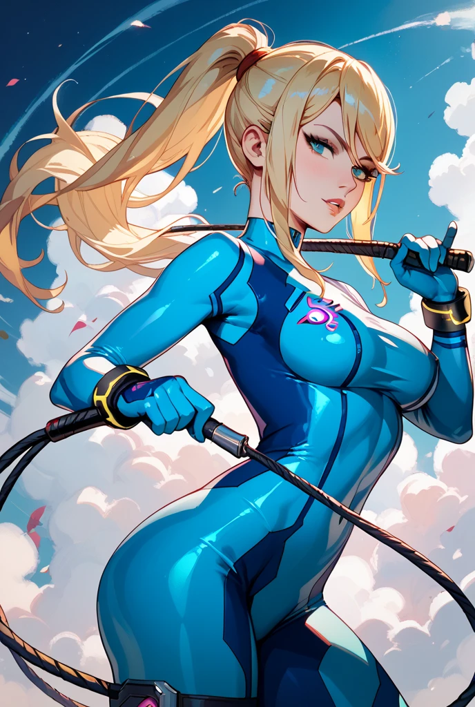 Young girl, long blonde hair, cyan eyes, red ninja shape, inner sideboob, dragon, smirk, masterpiece, high quality