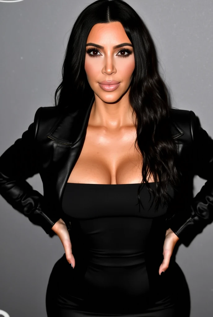 Kim Kardashian dressed in elegant and sensual clothes and smiles sexy.