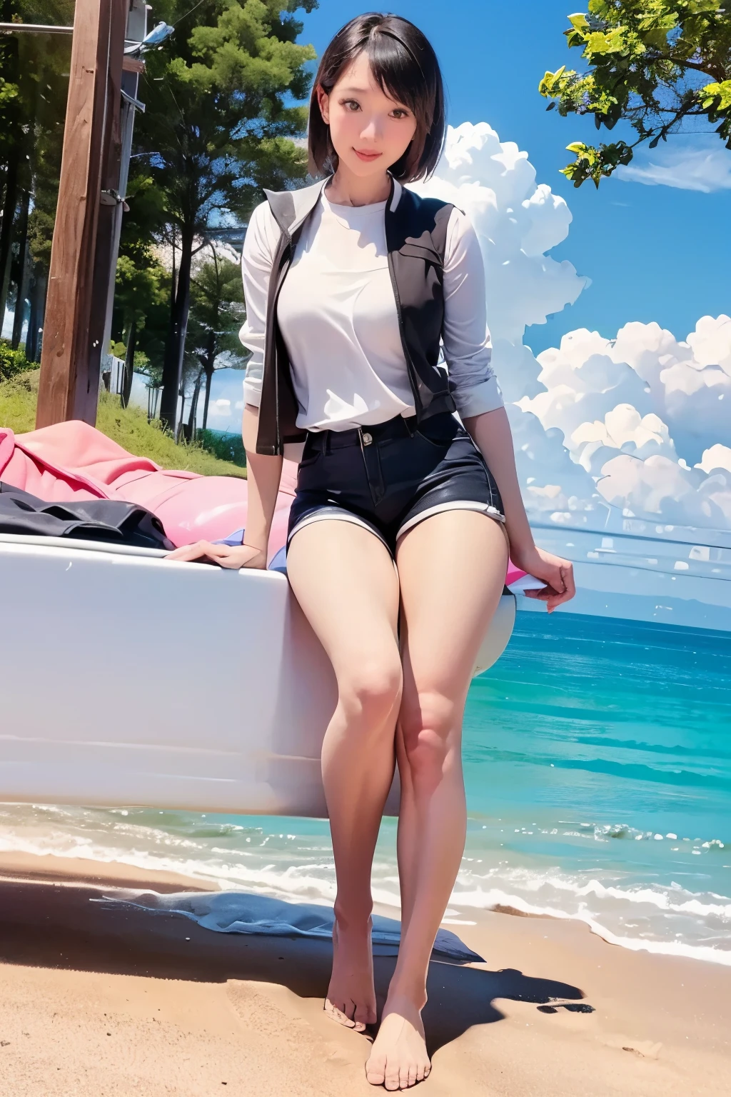 polo shirt、pantyhose/stockings、during、nsfw,revealing、Bite、Erect nipples、Wet T-shirt、Beach、Blue hair、Mansuji、Leg opening