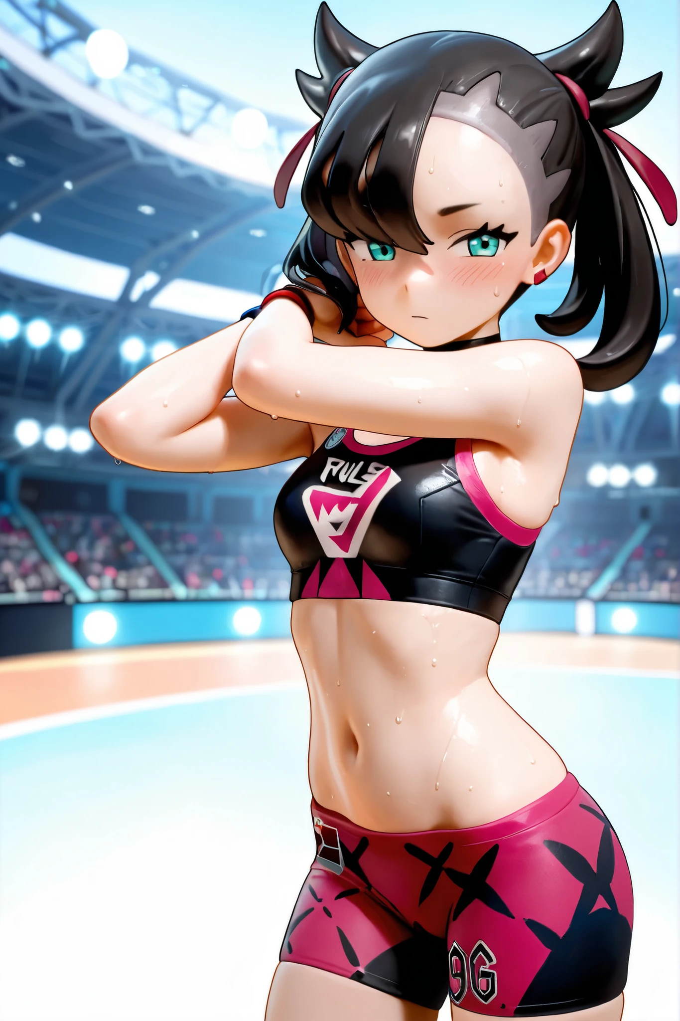(top-quality、in 8K、32K、masterpiece、超A high resolution、Impresionismo、Photorealsitic:1.2)、Full body, Inside the gymnasium、Volleyball Court、beauitful face、blurry backround、16-year-old beautiful girl、shinny skin、bob cuts、Beautiful black hair、Red Eyes、(Hachimaki:1.2)、(all nude:1.7)、Curve、(dynamicposes:1.2、jump:1.4)、