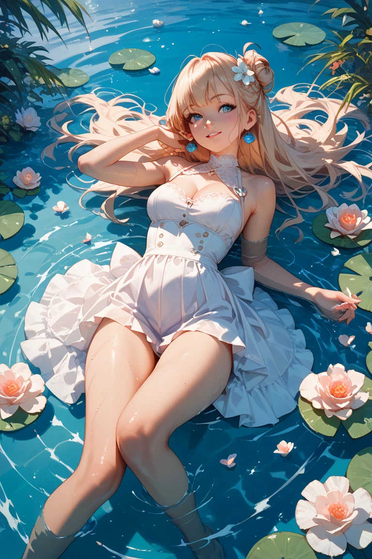((top quality)),(ultra high resolution),(Super detailed細),(detailed description),((the most picturesque works of art),super precision art,amazing art of depiction,fantasy art:1.5, ((Beautiful flowers々:1.5)), (Body eroded by flowers:1.3),glamorous body:1.3,fancy background effects、masterpiece、fancy details、(NSFW 1.1), ((1 girl)), ((muste piece)), ((extremely detailed:1.3)), in crystal clear water,beautiful woman entering the lake, ((long yellow hair)), wet hair, Wearing a light transparent dress, Bathing clothed, steam, (Rose petals floating in water:1.3), early morning light, ivory gold AI, windows, crepuscular lighting, 、see-through lace underwear、very huge boobs、Pink nipples、pink areolae,透けて見えるPink nipples、透明なpink areolae、lace and string shorts.、princess carry,Sexy lingerie with lace and strings,See-through sexy lingerie,transparent lingerie、translucent dress、pearlsescent、pearls、sexy harness、sexy garter belt、Sexy Stockings、Arranged,intimate, rose garden、colorful roses、lake with floating roses、lying down、Open legs、spread your legs、open thighs、soak in water、wet body、splash of water、gorgeous flower decoration、big flower、stylish hair、the moon, Lantern, night time, solo, water play, The water, hair flower, flower, Outdoors, sky porn, full the moon, Shigure, Lantern, clothes soaked in water, sky porn, wet hair (((muste piece),(Highly detailed CG Unity 8K wallpaper),best quality,cinematic lighting,detailed background,beautiful detailed eyes,bright pupils, (very delicate and beautiful),(Beautiful and detailed eye description), Super detailed,muste piece,)),((yellow eyes))、glasshouse、garden、sacred place、