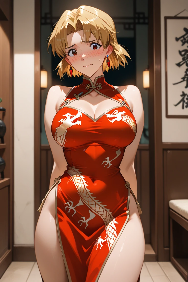 masterpiece,best quality,highres,ultra-detailed,koala \(one piece\),short hair,large breasts,cleavage,<lora:koala_(one_piece):0.7>,bare shoulders,china dress,chinese clothes,short dress,cleavage cutout,sideboob,thighs,(hands_on_hips:1.4),(furrowed_brow:1.2),indoors,front view,from_below,looking_at_viewer,