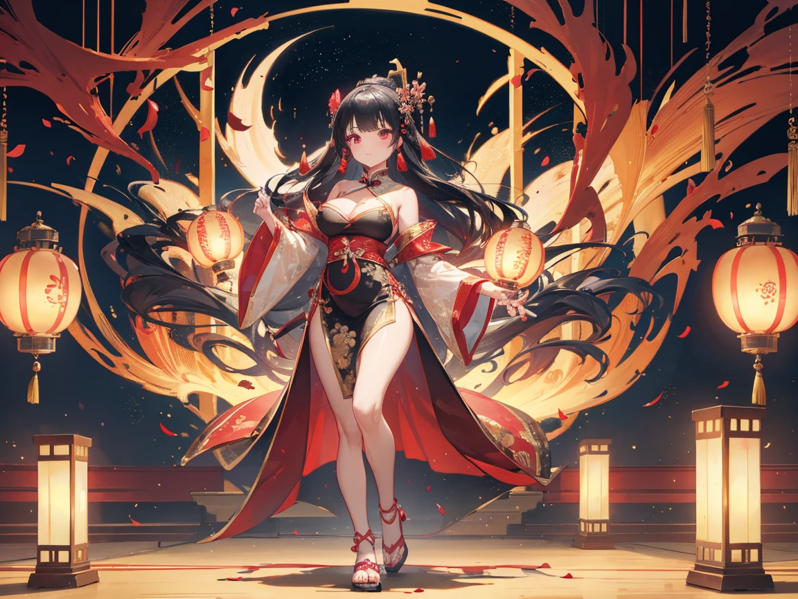 Ancient China fantasy style. A beautiful and handsome female cult leader, red eyes, long flowing black hair, with arrogant smile, dress in red attires, cool, handsome and stunning, Chinese fantasy martial arts style, leader of a demonic cult, with delicate features, exquisitely chiseled facial features, creating a visage of unparalleled refinement and allure. Background is a forest. detailed anime style, beautiful and stunning artwork. Cinematic Lighting, ethereal light, intricate details, extremely detailed, incredible details, full colored, complex details, Representative, fair skin, beautiful face, Rich in details High quality, water color