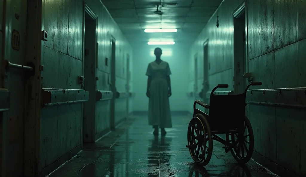 , Nurse working at the hospital, Wearing a creepy coat made of humans'Screaming face, There'There's a thin layer of alcohol and smoke under their feet..