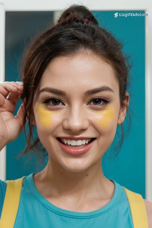 a {🤣stylish girl, Rolling on the Floor Laughing A yellow face with a big grin and scrunched, X-shaped eyes, tilted on its side as if rolling on the floor laughing (the internet acronym ROFL). Sheds two tears and tilts right on most platforms. Often conveys hysterical laughter more intense than 😂 Face With Tears of Joy..} in a color layered background, in the style of vibrant illustrations, editorial illustrations playful streamlined forms, festive atmosphere, rough chalk, minimal art