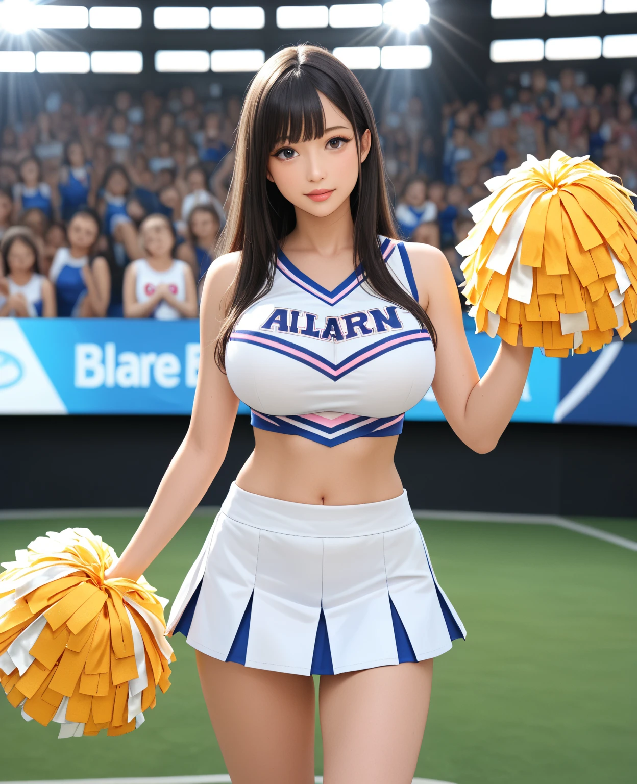 17 year old cool Korean, Large, round breasts, split, cheerleader, baseball team cheerleader, skirt, beautiful eye details, eyelash, beautiful double eyelids, eye shadow, narrow eyes, Perfect eye makeup, seduct smile, beautiful thin legs, bright blonde, Bob Carter, ponytail, Various hairstyles, earrings, stand at the baseball stadium at night, night,Show breasts,exposing her chest,Show breasts,Show breasts,exposing her chest,huge