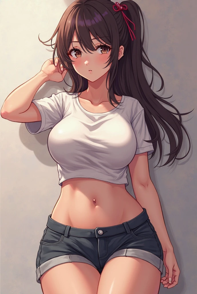 1 milf, long black hair, wearing a white t-shirt, underboobs, big breast 