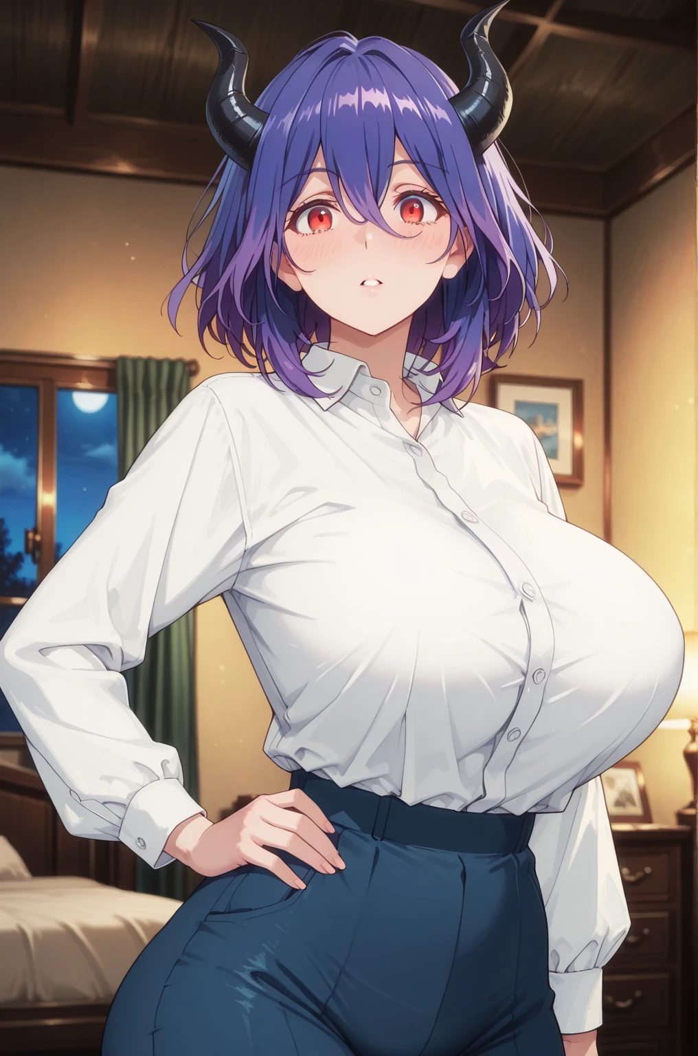 ((smile, grin)), (hands on hips), (from below), low angle, low-angle, school clothing, school shirt, white shirt, baju anak SMA, sekolah, school skirt, pale blue skirt, cleavage, collarbone, glasses, ((a little Dark Blue hair)), (bright fading hair below part), white eyes, Bangs,short hair,
1 girl, 20yo,Young female, Beautiful Nose,Beautiful character design, perfect big eyes, perfect face,expressive eyes,perfect balance,
looking at viewer,(Focus on her face),closed mouth, (innocent_big_eyes:1.0),Light_Smile, large breasts, cleavage,
official art, (Beautiful,large_Breasts:1.6), (beautiful_face:1.5),(narrow_waist),