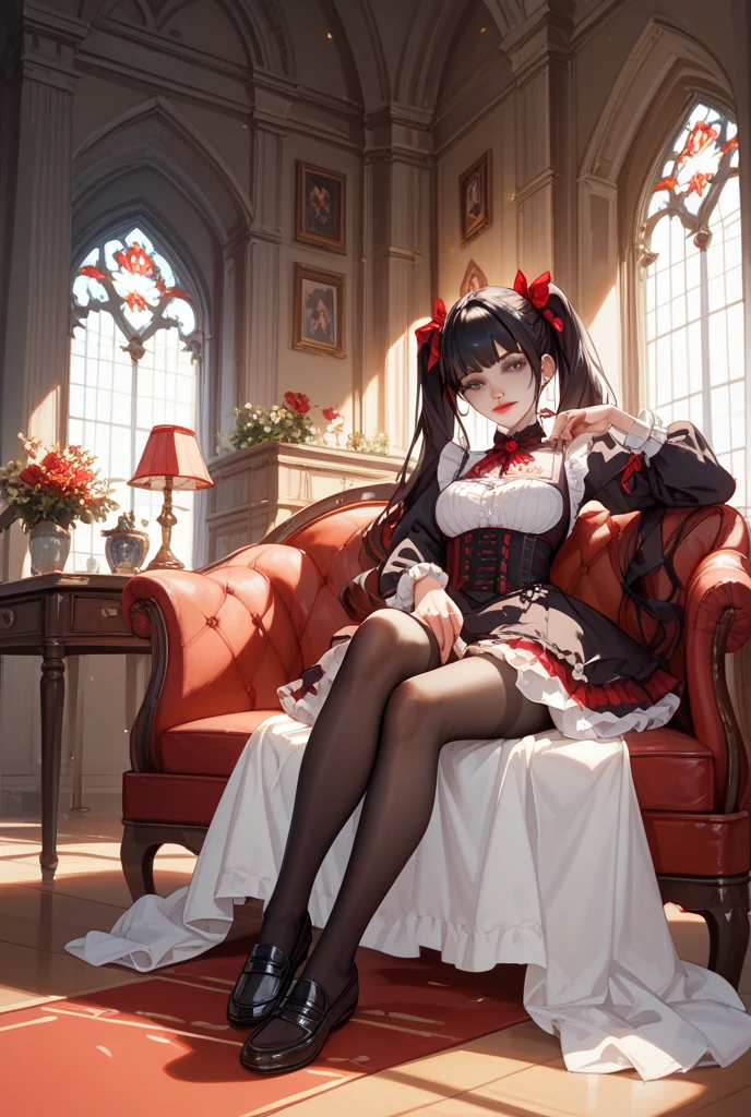 Anime girl in red dress sitting on sofa, Rin Tohsaka, , A succubus in a short, tight dress., Charming anime girl, breasts covered and NRF, anime cel shading, anime style 3d, Cell - Shaded Art Style, (NRF) safe for work, anime flirting magic handsome witch, NRF version, Cell-shaded adult animation