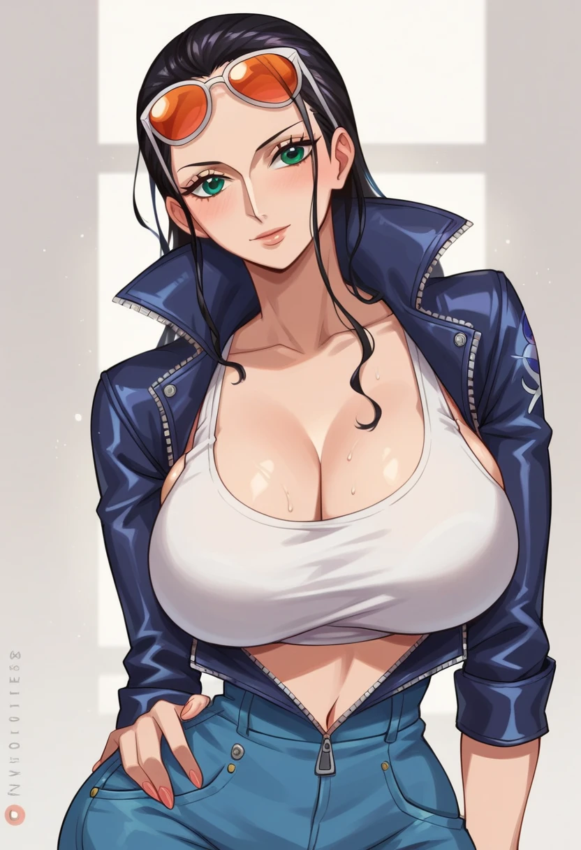 score_9, score_8_superior, score_7_superior, sauce_anime, Highest quality, Clear Face, Nico Robin, Black Hair, Long Hair, Large Breasts, Perfect body, View your viewers, smile, Cleavage, Dynamic Angle, Blue jacket, Short sleeve, belly button, Outdoor