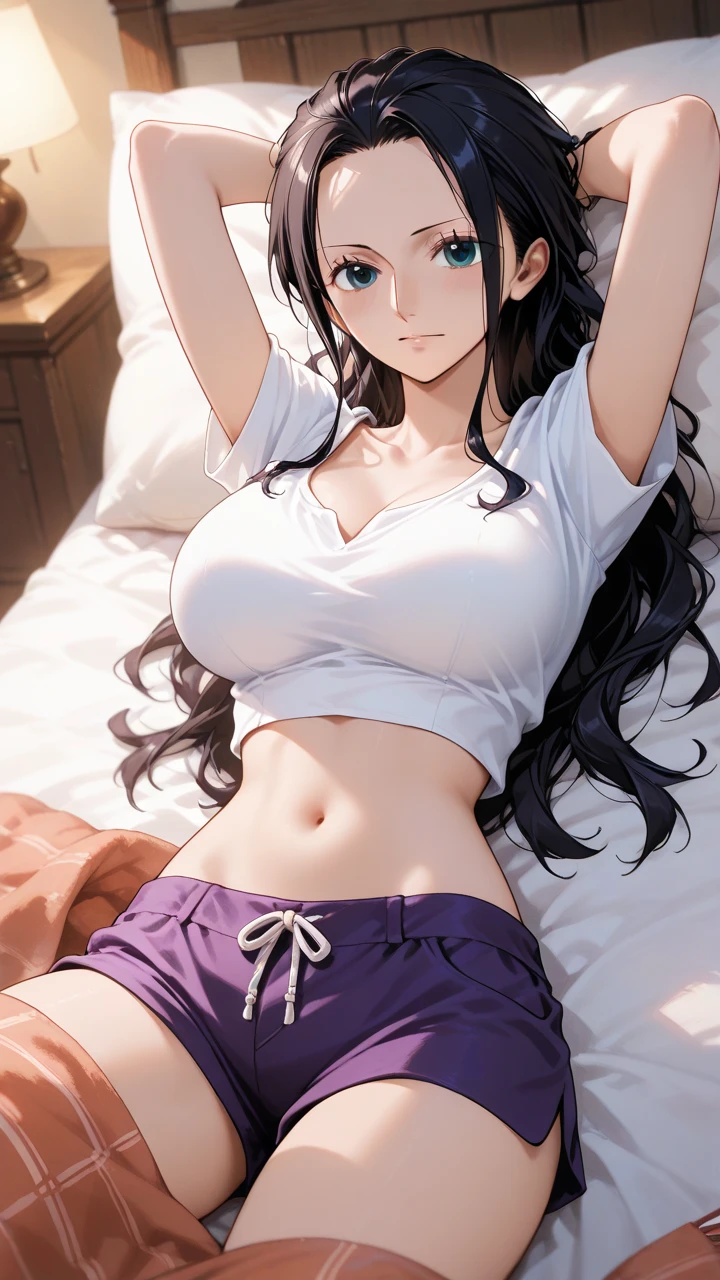 ((masterpiece)),(best quality),official art,extremely detailed CG,unity 8k wallpaper,ultra detailed, bedroom lying down, by the sea,1girl,solo,upper body,(portrait:1.2), long hair,fringe, smile, blue eyes, hair between eyes,large breasts, large butt, sexy waist, sexy thighs, white T shirt, blue shorts, feet visible, full body,