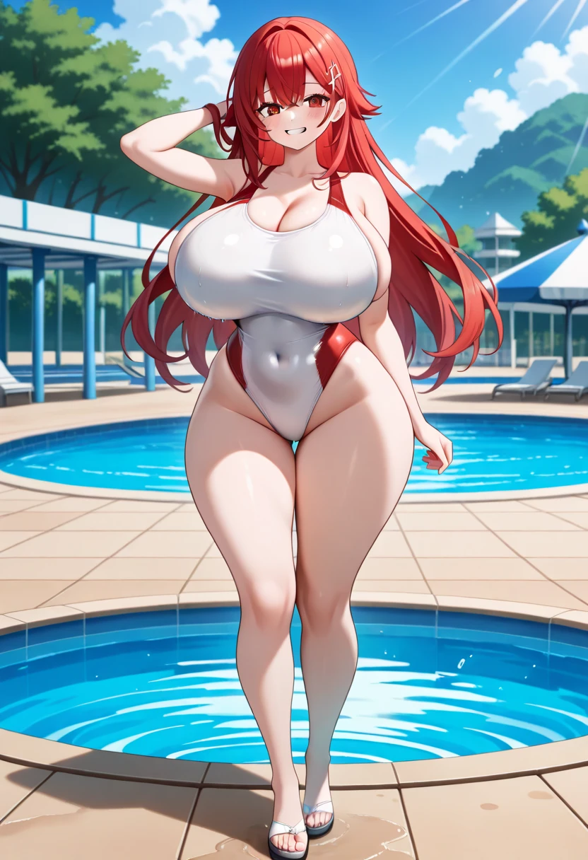Highschool dxd, Rias Gremory, 1girl, (((bimbo))), puffy lips, Blue eyes, Long red hair, painted lips, thick lips, wide hips, thick thighs, big breast, huge ass, erotic, Smile face, bubble butt, breasts, Black bikini, arms up,