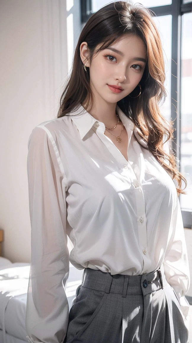 Asian woman in white shirt and black skirt sitting at desk、wearing in shirt、Wearing a blouse、white  shirt、Open Shirt、japanes、Human Female、Sexy Office lady、asian human、open v chest dress、Office Clothes、goddess of Japan、in a white shirt、Graceful seductive pose on natural light background、White blouses、Big cleavage、Transcendent beauty、Tall slender beauty、Lower body ultra-thin、Extraordinary beauty