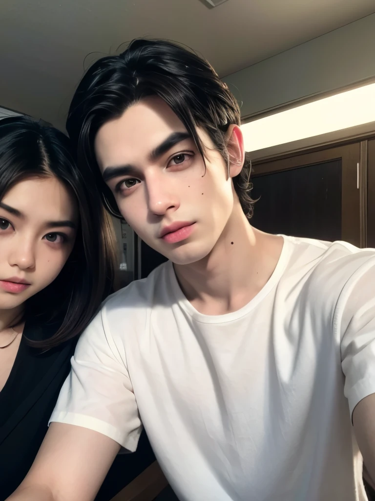 A beautiful boy, with black hair with brown tones, short hair, white and pale skin, skin with dark tones, with freckles and moles all over his body, with dark colored eyes, with thick eyebrows, big upturned nose, thick lips, with a loose white shirt, wearing pants, work pants, (with a pretty girl by his side) looking at the camera, angle of his body