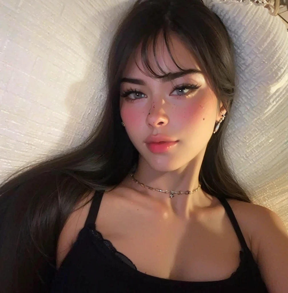 Close up shot of a sultry, stunning woman with a captivating gaze and flawless makeup, childhood best friend glowing up, accentuated by her black tank top and black short shorts, showcasing her alluring figure with thick thighs and wide hips, exuding a provocative aura.
