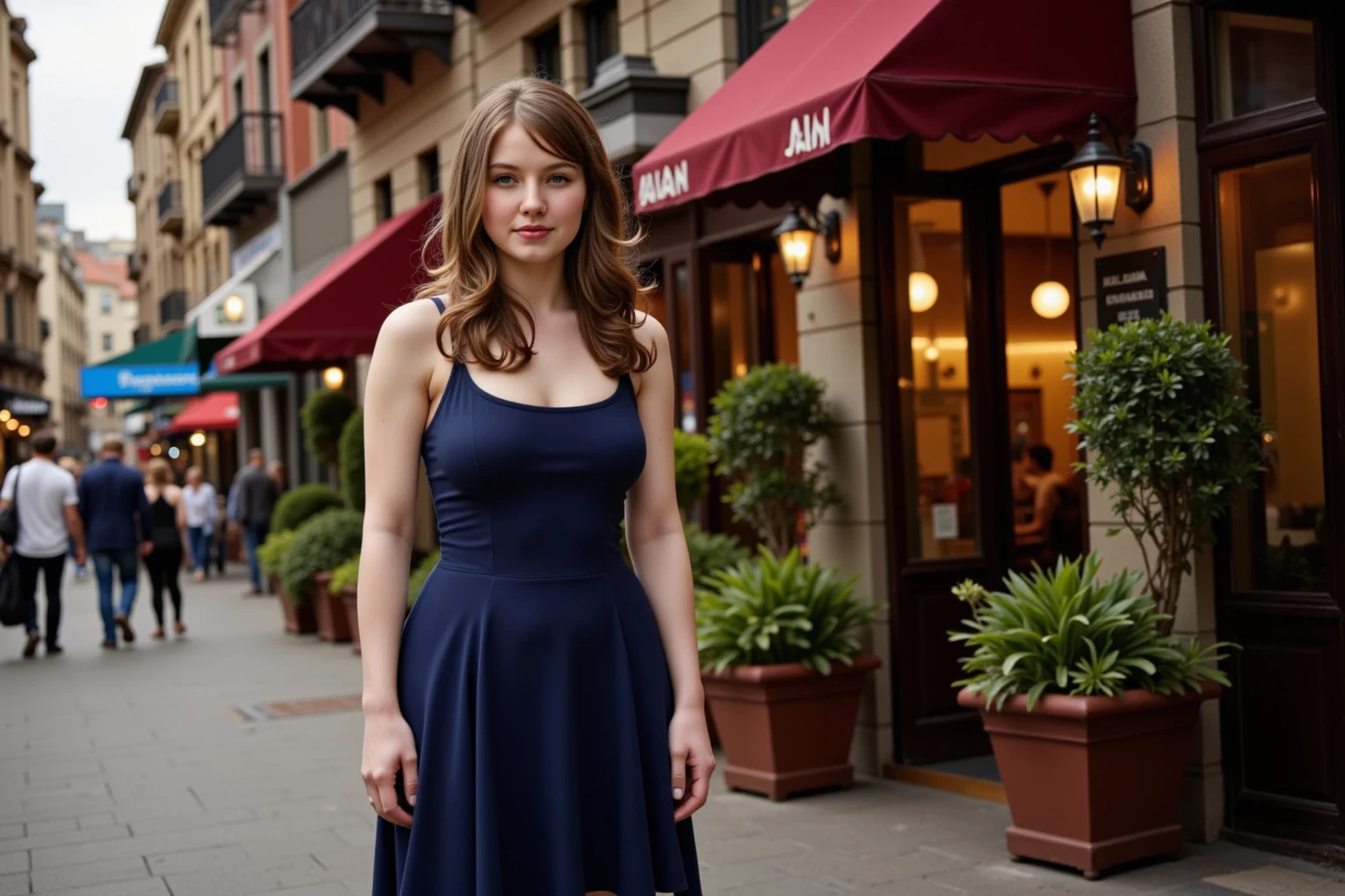 Female supermodel. Camden Market, London. Pastel gray evening dress. Sunset