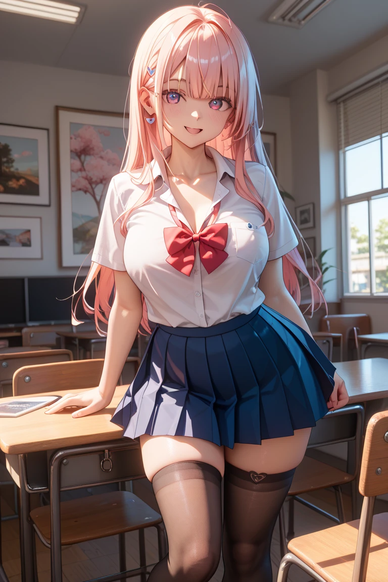 highest quality、High resolution、detailed background、beautiful and detailed face、beautiful and smooth skin、skin texture、professional lighting、
cute10代の美少女、(three women:1.2)、(huge breasts:1.2)、
skimpy sailor suit、plaid pleated mini skirt、braided ponytail、white knee high socks、pink and black floral embroidery panties、pink and black floral embroidery bra、((She happily shows her panties on the classroom desk.:1.5))、legs open、emphasize cleavage、underboob、cute、camel toe