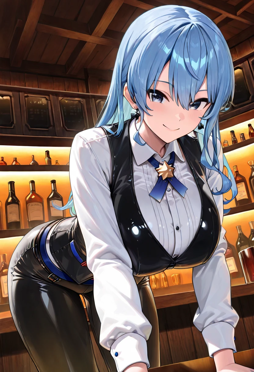 a close up of a person holding a bottle of wine, anime cosplay, anime girl cosplay, cosplay, aqua from konosuba, keqing from genshin impact, cosplayer, professional cosplay, inspired by Leng Mei, ayaka cosplay, anime character; full body art, cosplay photo, full-cosplay, hatsune miku cosplay, with blue skin，Super big breasts，tights，cleavage，black stockings，