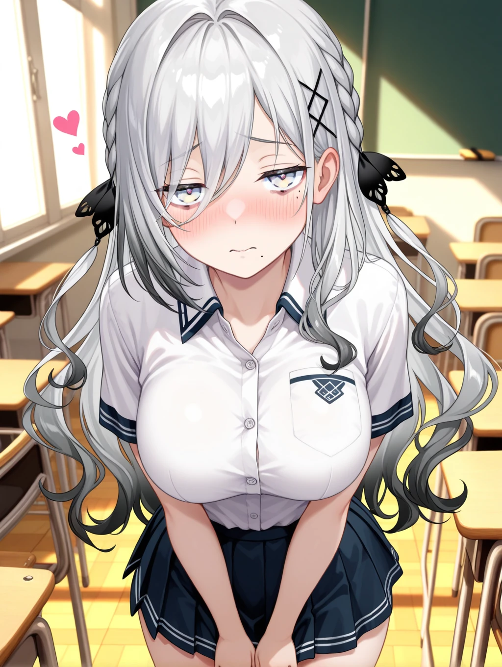 Gold Ship - Umamusume,Viewers beware!,1 Girl,,,chest,尖ったchest,chestの谷間,Underbust,Side Bust Barbosa,(blush),((Embarrassing)),(masterpiece、Highest quality、Very detailed)、((One Girl))、((Open your mouth))、((Wide Open your mouth、tongue、long tongue、sticking out the tongue、I can see inside your mouth、Open your mouth and show me your throat))、((巨大なchest))、((White see-through shirt))、chestの谷間、Long sleeve、((Black pleated skirt))、((White baggy socks:1.3))、loafers、Sit at a desk、Shoot from above、Classroom Background
