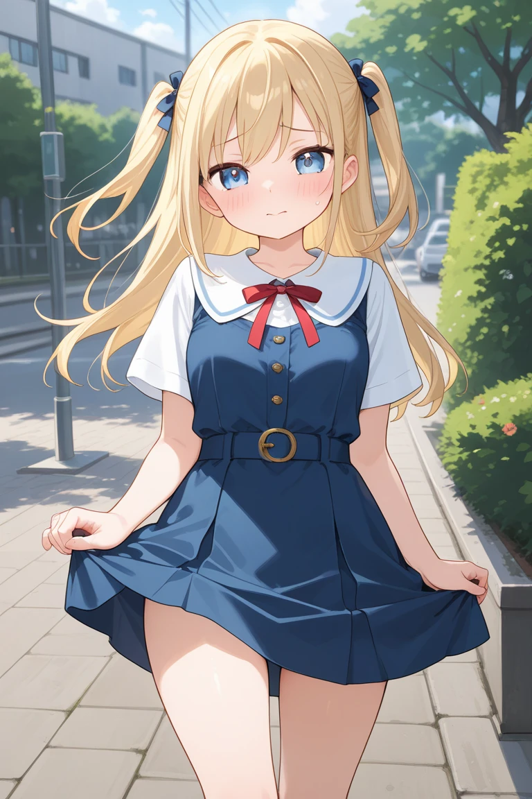 (highest quality:1.4)、High resolution、detailed background)、anatomically correct、attractive thighs、A low-angle close-up highlighting the crotch of her panties、Super close-up shot from directly below、beautiful teenage girl、Super detailed panty stitching、Detailed crotch depiction、White sheer sleeveless sailor dress、cold eyes、Looking at me with a troubled expression、blushing、camel toe
