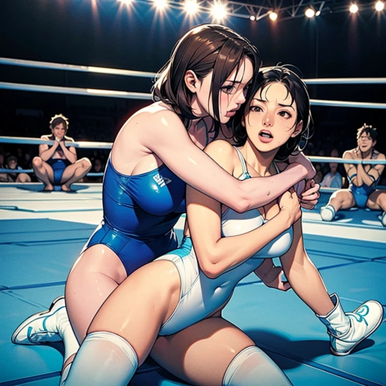 Full body painting。Two young Japanese female mixed martial artists injured during a match in the ring。Short black hair。Energetic expression。Glaring at someone。They are throwing punches at each other.。A fighting expression。Drenched in sweat。A well-trained body。Six Pack Abs。Small breasts。Erect nipples。Upper body naked。Open Finger Gloves。