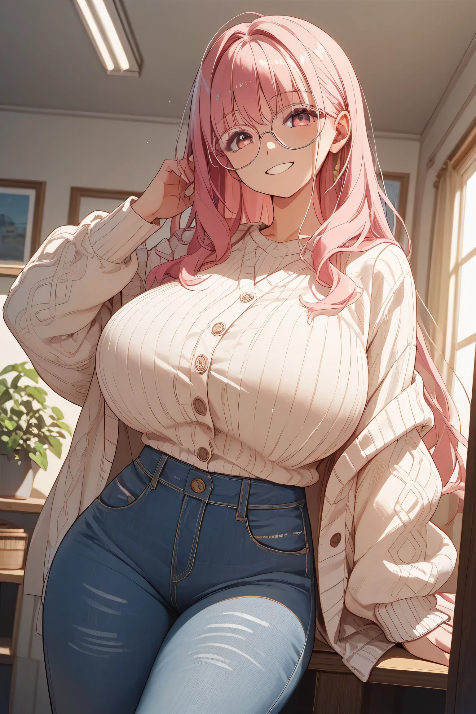 Anime Kawaii sexy Perfect Slim sensual body large breast and huge thighs, An intricate and highly detailed illustration of anime (Young girl). (breathtaking mature beauty,intellectual and elegant,luminous pink sweater,chestnut hair,(best qualityer,work of art:1.2),full - length photo,perfect figure,wearing glasses,Very clean,exquisite facial features,ultra detali,bokeh)