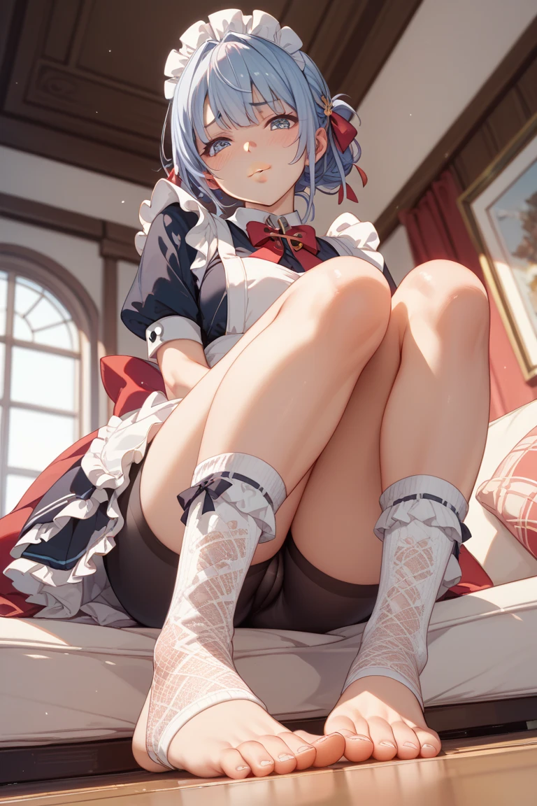 Ultra high precision、high resolution、(Naked girl doing M-spread legs on the floor:1.4)、Pretty face、silver hair、pubic hair is growing、 ((look of fear、shed tears))、smaller breasts、empty eyes　((white mucus dripping from genitals))..、In the ruins、(Burgundy long-sleeved dress with ruffles and lace decoration:1.4)、(red flat pumps:1.3)、