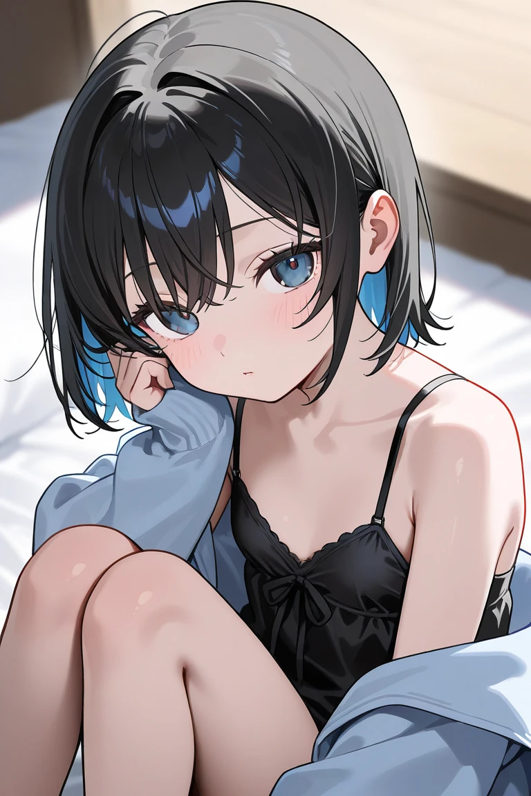 Hands Behind Back,Tied with hands behind back,from front,front view,looking at viewer, looking ahead,from above,cowboy shot,1girl,Beautiful 14 year old girl,Japanese,Slender,,low length,Small breasts,Thin legs,Small Ass,Baby Face,Small face,Black Hair,one side up,Gray Eyes,slit pupils,Drooping eyes,middle School girls,A see-through black and blue negligee,lingerie,Collar with leash,open mouth,tongue out,front face,Kneeling,Straight Stand,Beautiful and detailed anime art,Mischievous smile,Sexy vibe,cum on tongue,Dimly lit room,On the bed,Simple Background,Gray background,Low lighting,