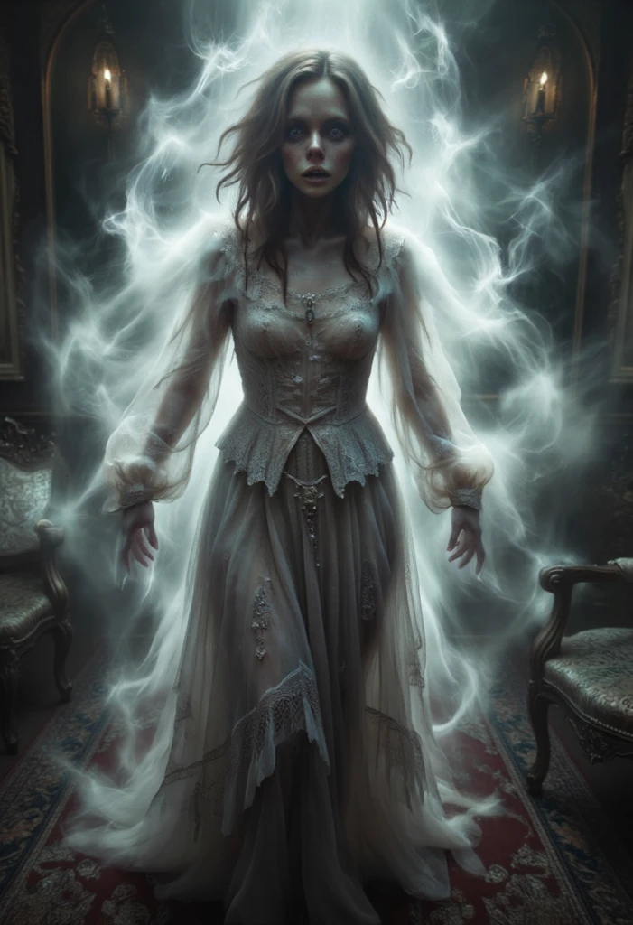 ghost, grey skin, transparent legs, wraith, floating, standing, Emma Watson, gothic horror, tattered ghostly clothes, full body, trapped in a haunted oil painting, painting frame, hyperrealism, ghostly, trapped, (scared, screaming, panicked horrified), peter mohrbacher, pierre terblanche, trending on artstation