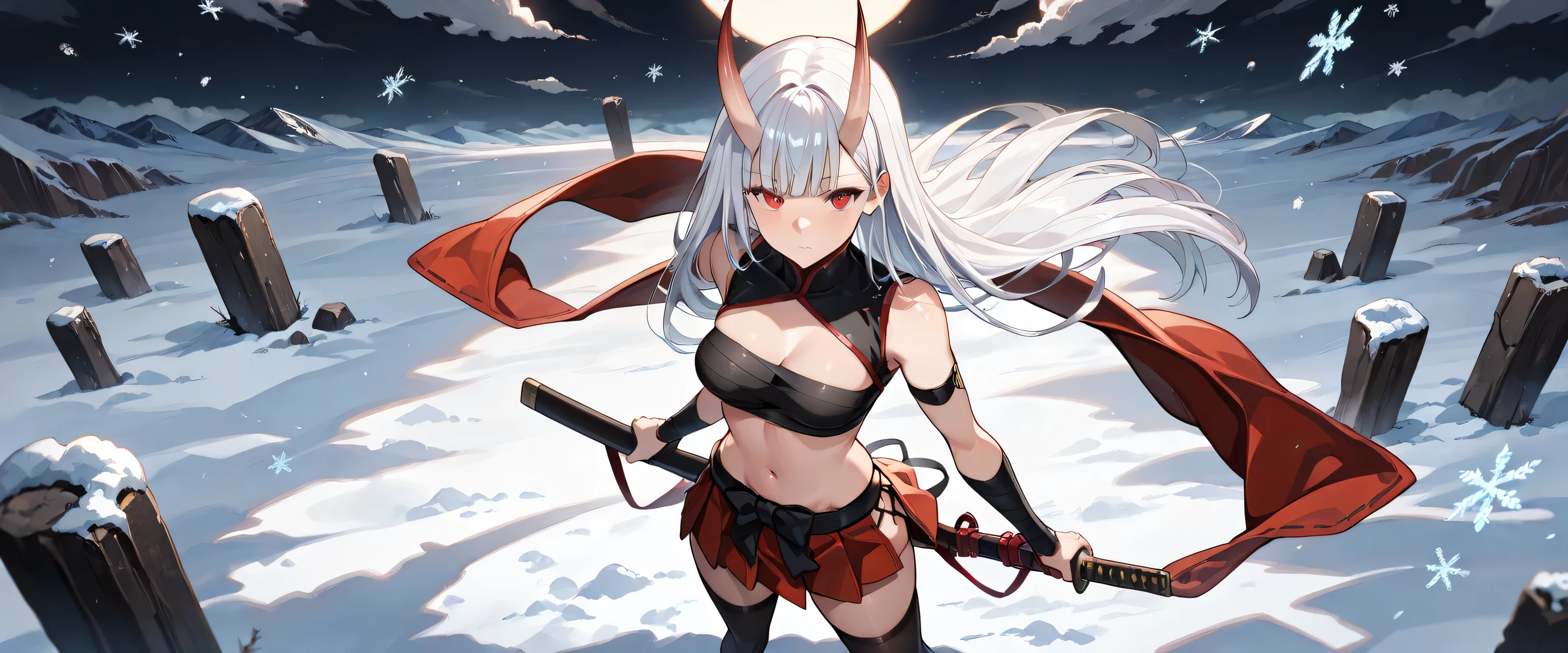 An adult woman, half fox and wolf, white hair, red eyes, wide breasts, very angry, standing, in a bikini, holding a sword