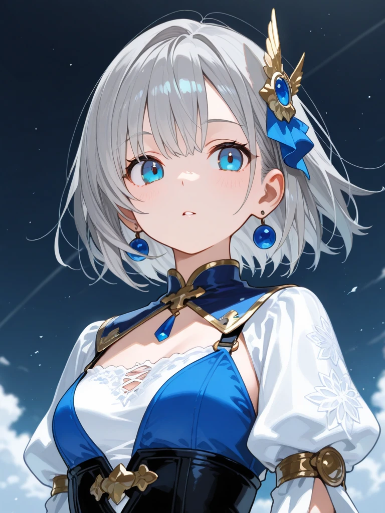 Holding a bouquet of white and blue roses、silver hair, 1 girl, (((best quality)), ((masterpiece)), (details), masterpiece, best quality, high quality, super detailed, perfect face, ((1 girl, Blue eyes, cat ears: 1.3 silver bob: 2.5,)),Shiny Hair、Shiny skin、smile、Alluring expression、(Holding a bouquet of white and blue roses:1.8)、(Gothic Lolita: 1.2)、Lolita Fashion、(Shiny Chinese Dress: 1.4)、Cleavage、(Dark blue luxury corset with embroidery: 1.3)、(Light blue: 1.4)、(Dark Blue Embroidery: 1.3)、(Detailed Race: 1.1)、Stiletto heels、Blue and gold interior decor、Close your legs