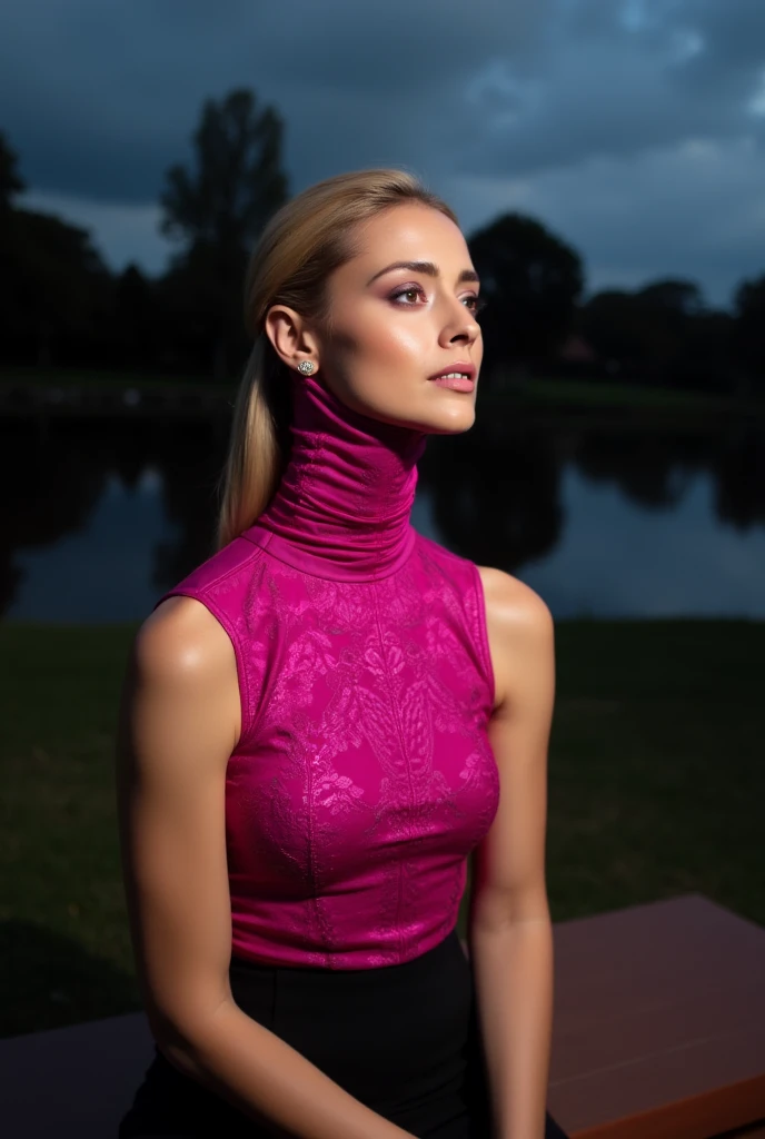 short hair, nnlnnx, (sharp focus:1.2), photo, attractive young woman, (beautiful face:1.1), detailed eyes, luscious lips, (bold red lip colour:0.85), (medium breasts:1.0), (slim body:1.2), (long hair:1.2), wearing (1980s peplum dress:1.2) in a (botanical garden:1.2). (moody lighting:1.2), depth of field, bokeh, 4K, HDR. by (James C. Christensen:1.2|Jeremy Lipking:1.1).
