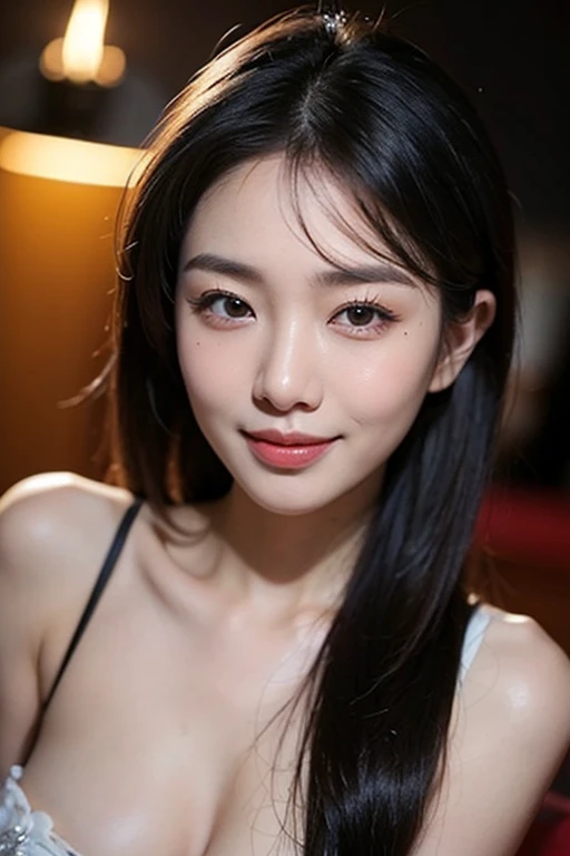Body portrait, 8K, thin and beautiful eyes, Dindal effect, masterpiece, top quality, high quality, high resolution, very detailed photo, (natural skin texture, fine skin, hyper realism, super sharpness), high detail skin, (very fine, fine skin texture, intricate details, beautiful face, (realistic face), realistic eyes, beautifully detailed eyes, realistic skin, beautiful skin, surreal, very detailed Golden ratio, smiling eyes, ((night moonlight background) )), body portrait, G cup, big breasts, huge breasts, big breasts, glamorous, sexy knit dress,