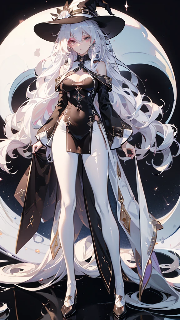 white hair, long hair pony tail with a ribbon, blue eyes, magician, heavy fur cape, long sleeves, long legs, dark brown pantyhose, white leotard, sapphire gem necklace, casting spell in midair, bird-like spell effects
