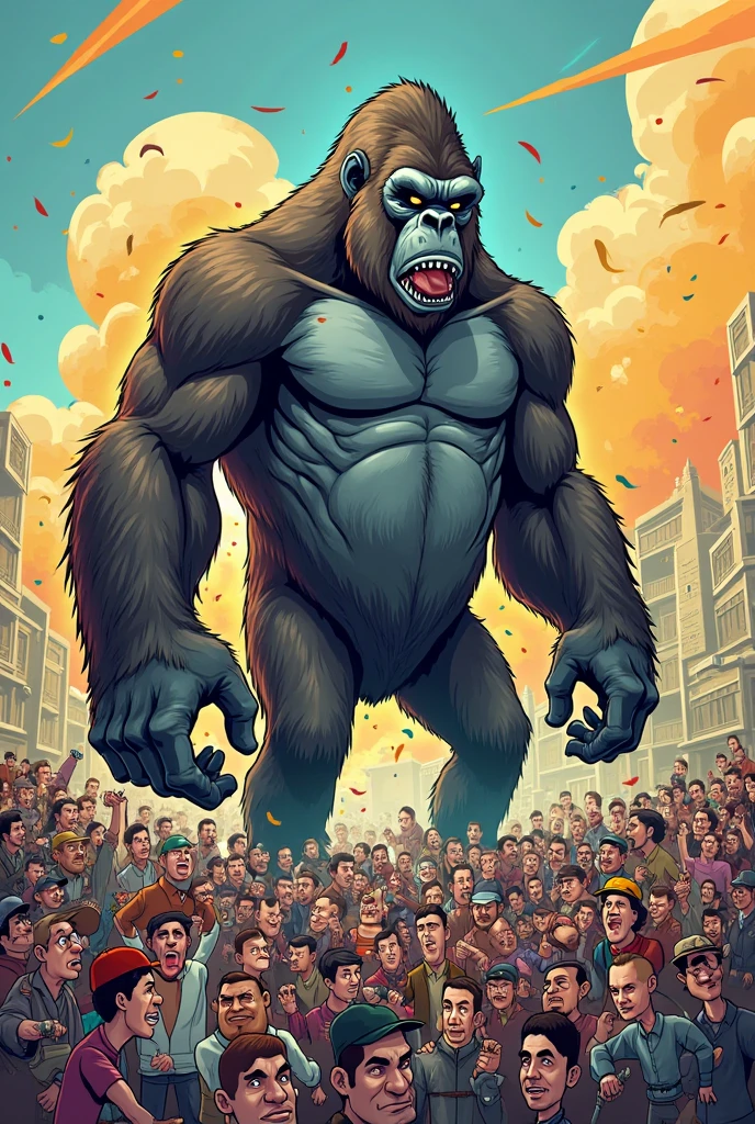 a male muscular gorilla, laughing, wearing ripped pants, flexing on a street.