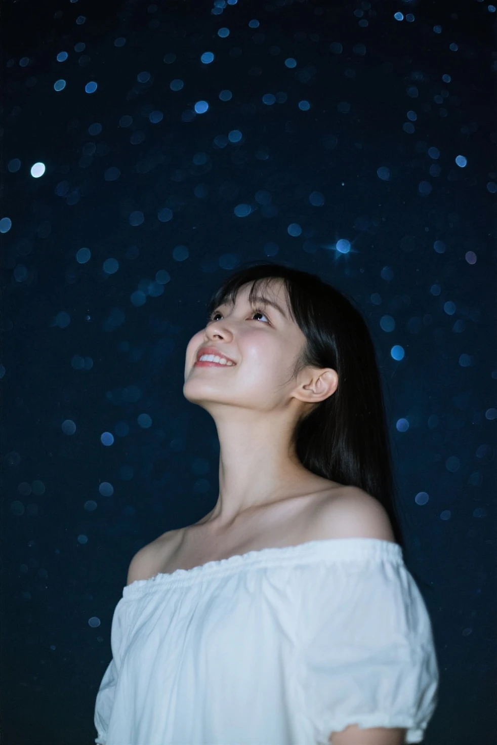 A very cute face like an idol、Looks like a young face、One woman, aged 20、Gentle and cute、Cleavage、Beautiful starry sky、(Looking up at the night sky)、(((Natural light inside at night)))、((Dim lighting))、RAW Photos、Genuine、live-action、(Romantic)、(Artistic Expression)、(Fantasy)、High resolution、masterpiece