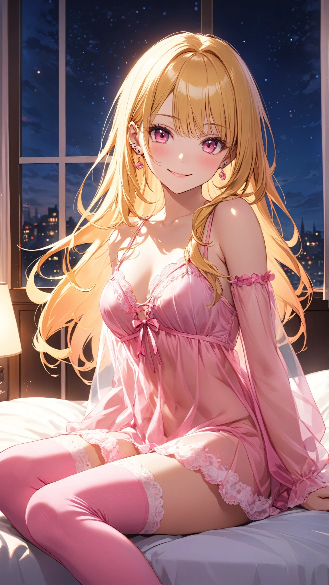 1 woman, Marin Kitagawa, 20 year old woman, beautiful Japanese woman, wife, dark pink contact lenses, long blonde hair with pink tips, wearing lacy black lingerie, smiling seductively, sitting on a bed with pink bedding, she  rubbing lotion on her own thighs with her hands, she  looking at me longingly, leaning forward