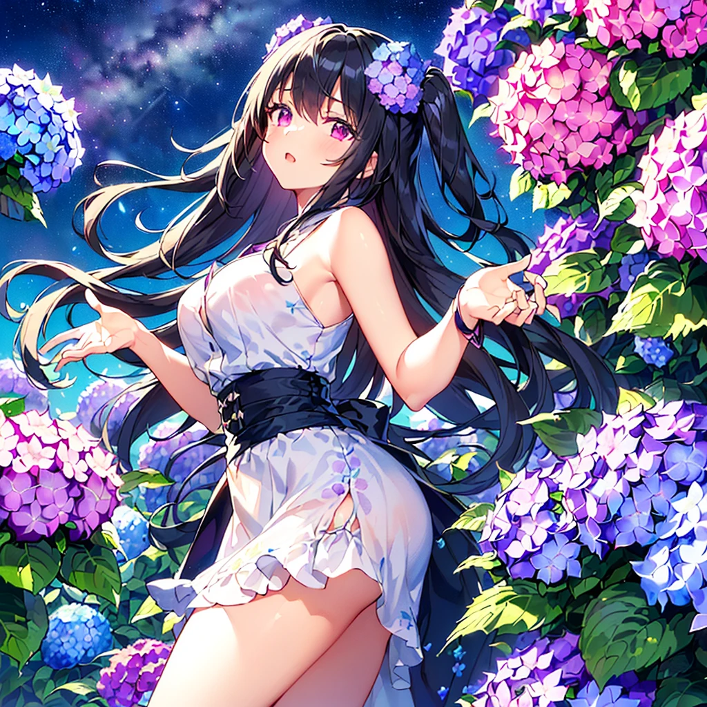 masterpiece, best quality, high quality, extremely detailed, very delicate and beautiful, (1 female 18 years old alone solo:1.5), (long black hair up to waist with two side up:1.5), bangs to eyebrows, eyes (eyes sharp and strong, glossy glossy eyes, eyebrows glossy, (eye color magenta:1.3), 6.5 head height, (pentas flower print fashion:1.3), (smiling), (running:1.3), (dynamic pose), (background pentas flower field:1.3) , (Milky Way Night Sky:1.3)