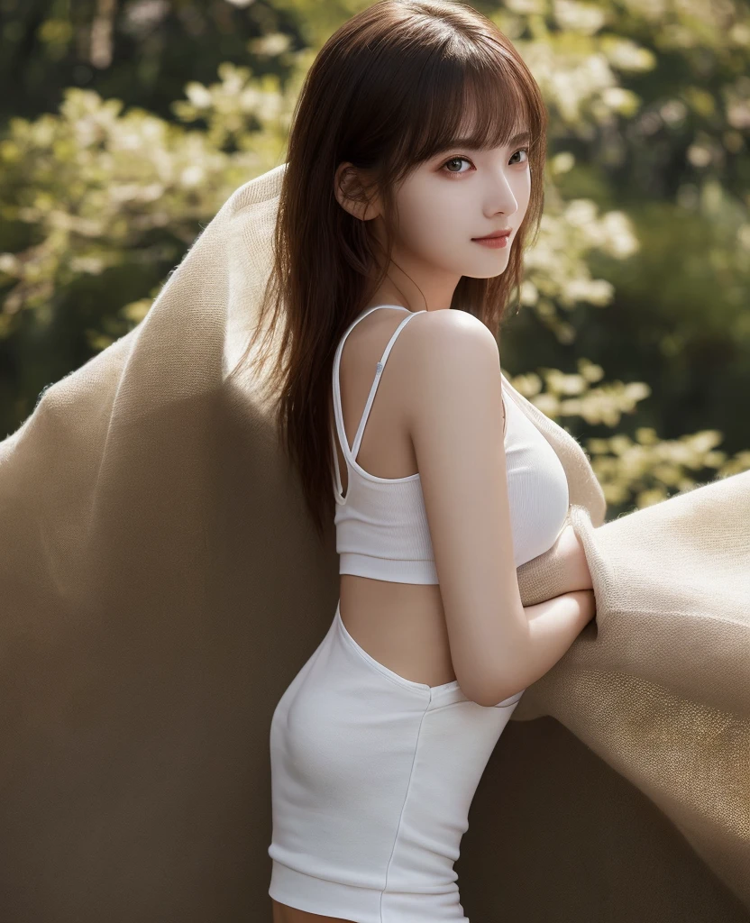 Top quality: 1.4, high resolution, perfect lighting, solo woman, big butt, rabbit toy ears, fluffy rabbit tail, sitting, back turned, turning around, meadow