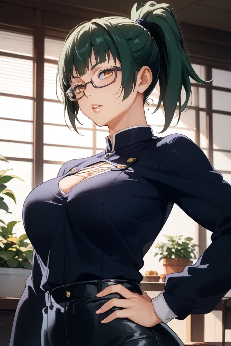 Girl, smile, red lips, big nose, big tits, big , big ass, big butt, big body, sexy body, sexy girl, fair skin, long hair, green hair colors, black latex lingeria suit colors, sexy girl, pose, realistic pose, in room, gaze looking at the camera, best quality, masterpiece, 1girl, (solo:1.1), raytracing, ultra detailed,detailed face, 8k wallpaper, wide hips, ZeninMakiNDV, 1girl, green hair, yellow eyes, large breasts, ponytail, glasses, jujutsu uniform, jacket, skirt, outdoor, from side, looking at viewer, black glasses colors, ulta realistic glasses,