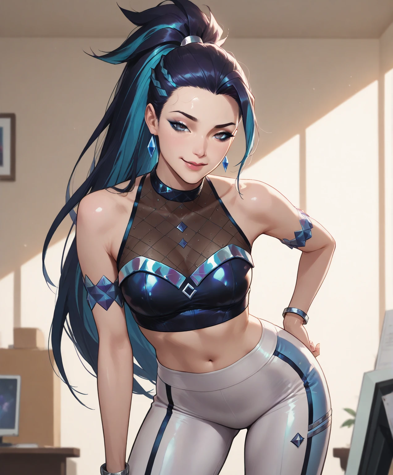 masterpiece, best quality, highres, Kai'sa1, 1girl, solo, Black-Blue hair, k/da \(league of legends\), long hair, multicolored hair, ponytail, blue eyes, two-tone hair, large breasts, poolside, micro bikini, smile, sitting, spreading legs wide, sexy pose