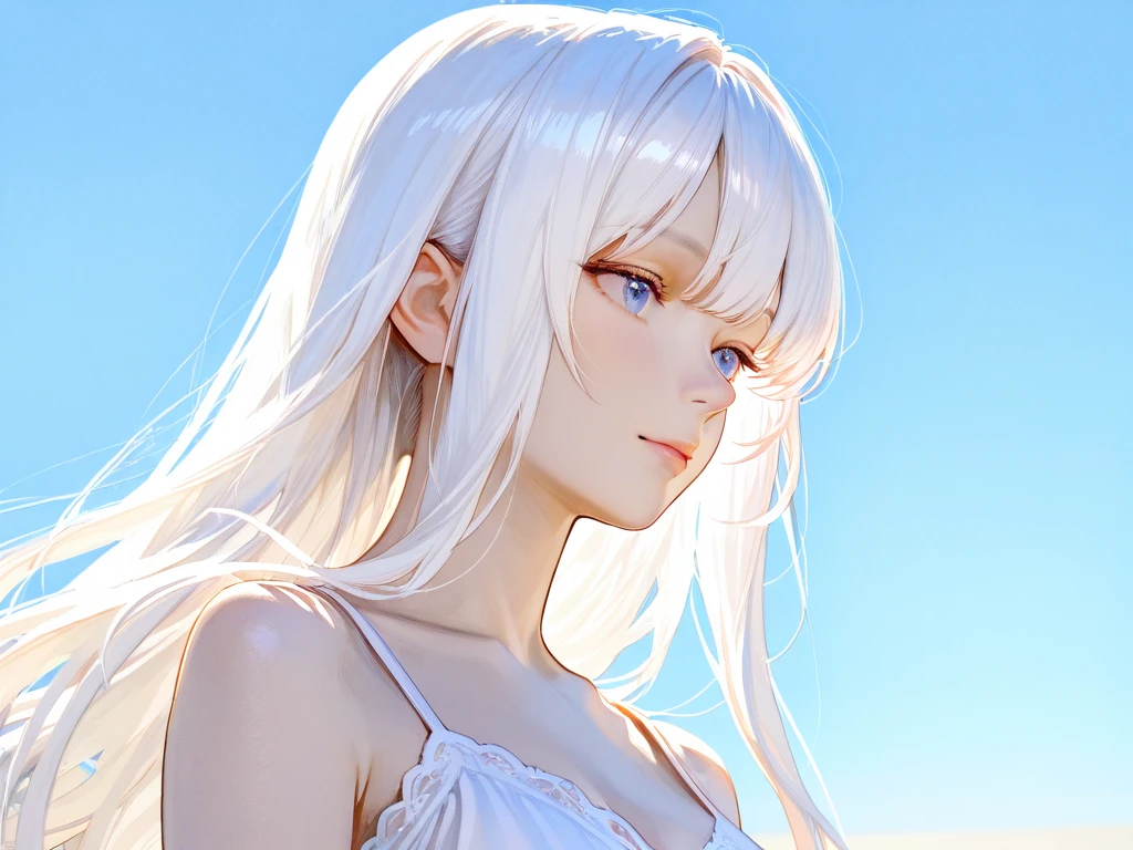 Pretty female, windblow white hair, glowing black eyes, realistic, masterpiece, white skin, little smile, Sand background, 4k, high detailed, high detailed light-imagine -
