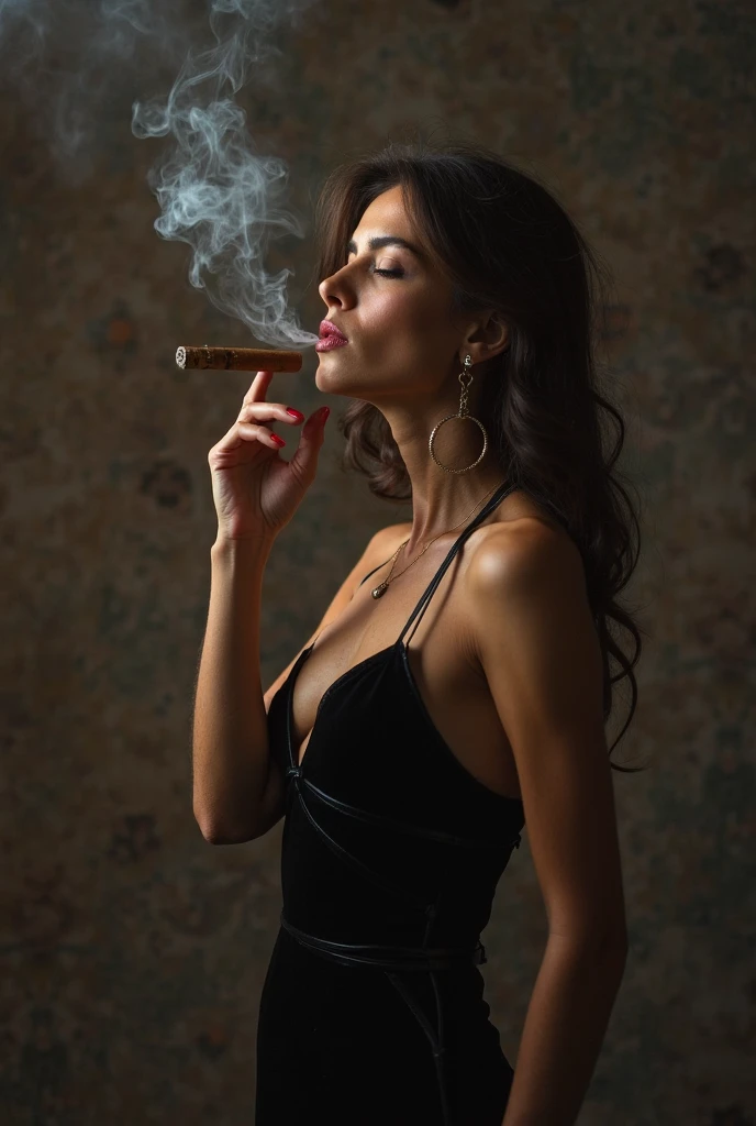 model photo of a 28 year old french brunette woman with brown hair smoking a glowing cigarette in a dark room while looking out a window, (silhouette:1.2), standing in a dark motel room, wearing a modest lounging gown, (detailed face and eyes), tousled hair, lined face, glowing embers from the cigarette faintly illuminates her face, raindrops splatter on the outside of the window, sharp focus, extremely dark lighting, dof, aesthetic, professional 35mm photograph, large breasts, deep cleavage
