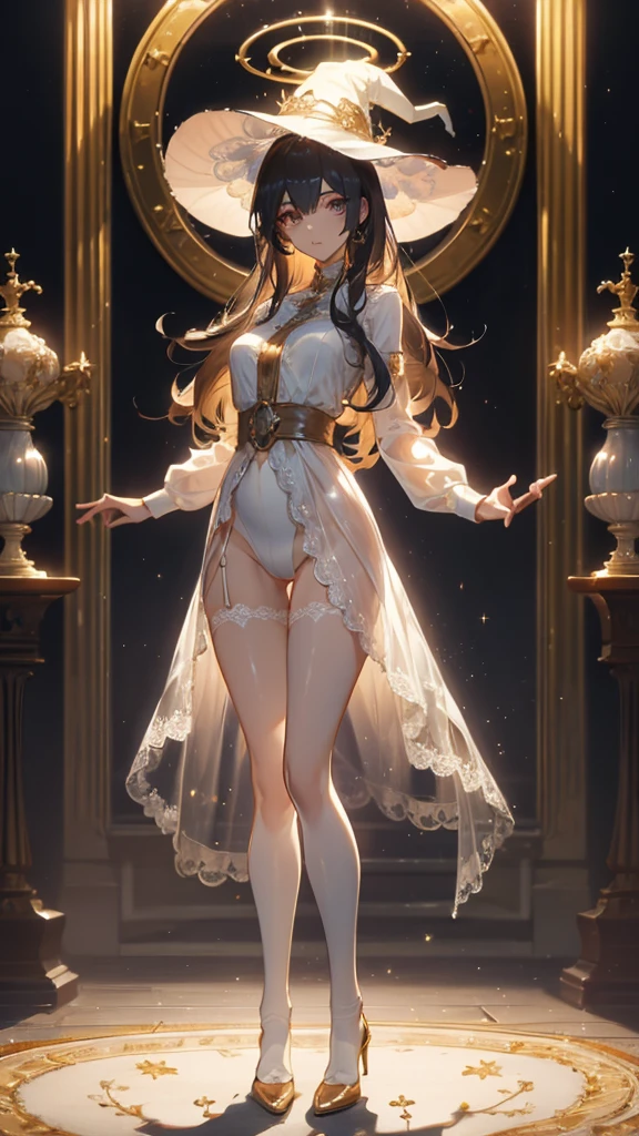 ((masterpiece, best quality)), Delicate face，Saint，whole body，Standing picture，Long legs，Large Breasts，Gradient long wavy hair，Perfect body proportions，Pretty golden eyes，Extremely beautiful，transparent， Pure white background，Orchid Rose，Garden falling leaves，Sexy_Bikini，Lace，Garter stockings