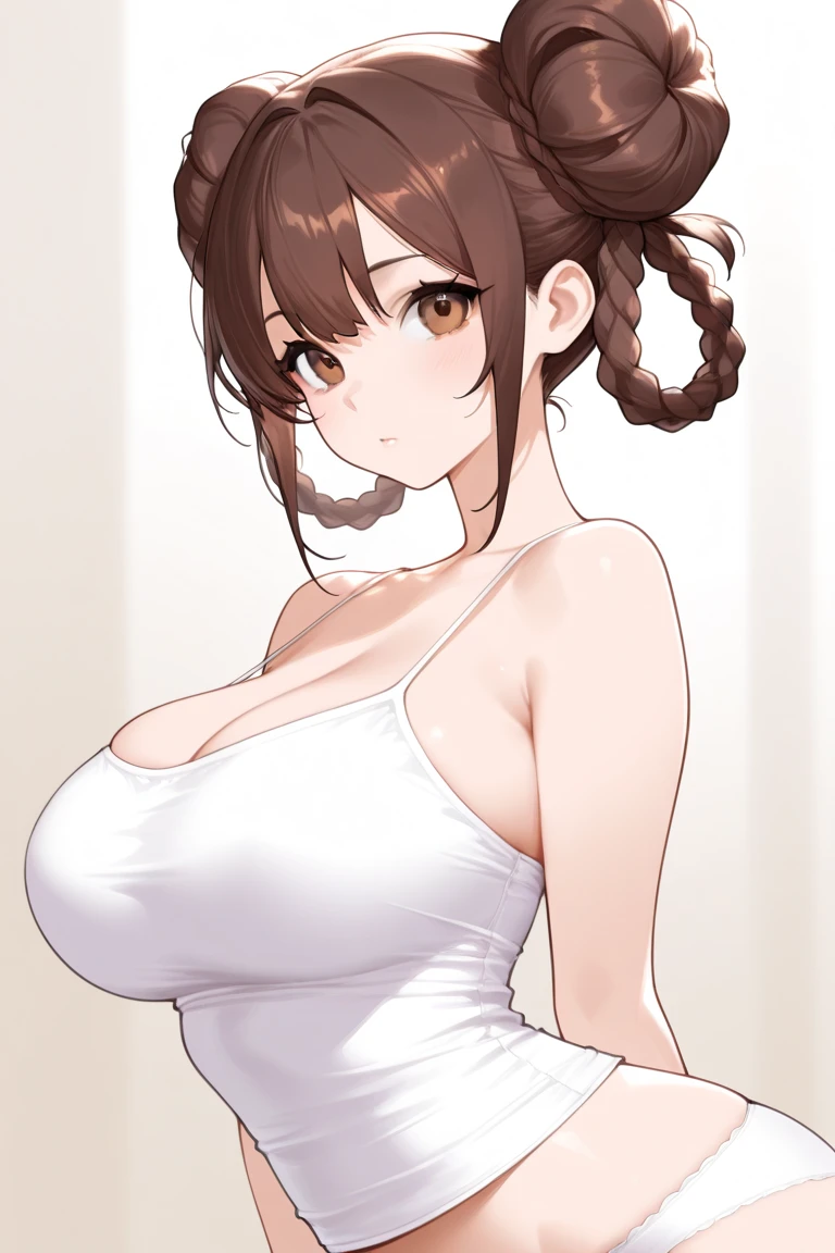 Mommy Masterpiece, erotic, ero, 18+, nsfw,maid costume, long light brown hair , brown detailed sparkling eyes , embarrassed , blushing (Best quality:1.3),big breasts, naked, apron, cleavage, (pov, close shot), standing, kitchen background, blushing:1.2.